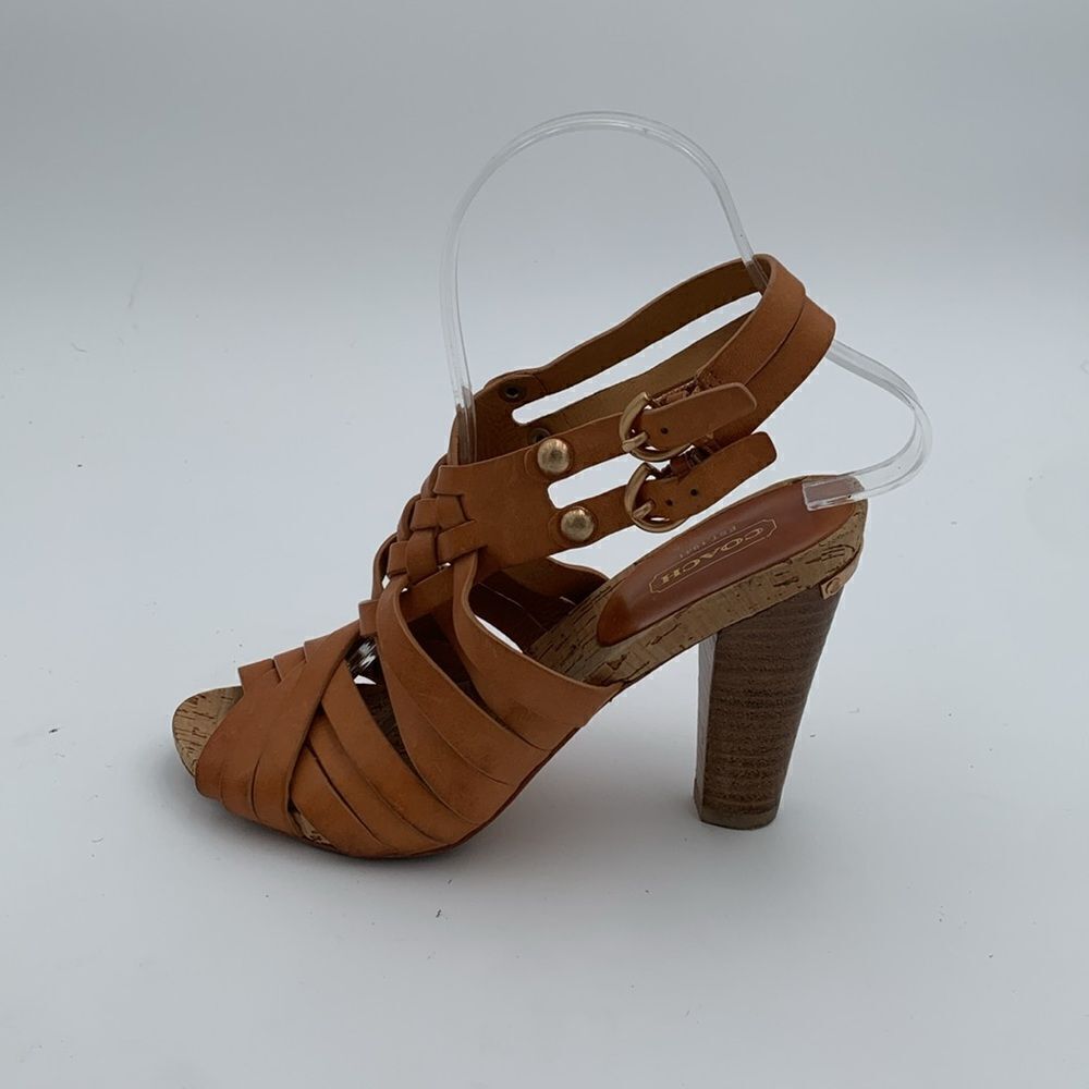 Coach brown leather basket weave heels stacked wooden heels women’s 5.5 B - Picture 5 of 12